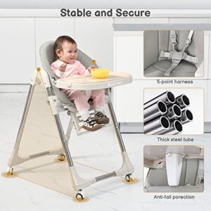 Ezebaby Baby High Chair, Portable High Chair with Adjustable Heigh and Recline, Foldable High Chair for Babies and Toddler with 4 Wheels, High Chair for Toddlers with Removable Tray-(Grey)