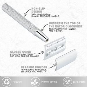 Reusable Double Edge Safety Razor for Women, Single Blade Razors for Men, with 10 Platinum Coated Stainless Steel Razor Blades, Metal DE Razor for a Close Smooth Shave, Sustainable Living Choice