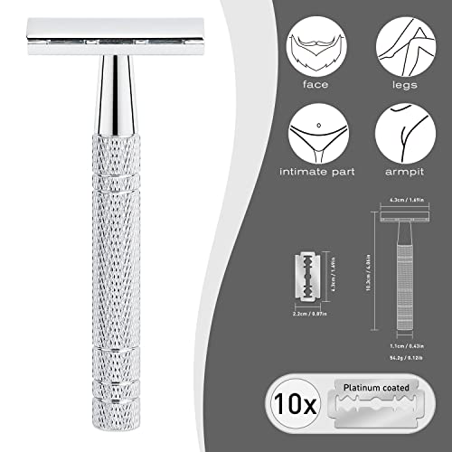 Reusable Double Edge Safety Razor for Women, Single Blade Razors for Men, with 10 Platinum Coated Stainless Steel Razor Blades, Metal DE Razor for a Close Smooth Shave, Sustainable Living Choice