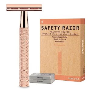 rose gold double edge safety razor for women,with 10 platinum coated double edge safety razor blades, reusable metal razors for men, travel essentials single blade razor