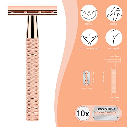 Rose Gold Double Edge Safety Razor for Women,with 10 Platinum Coated Double Edge Safety Razor Blades, Reusable Metal Razors for Men, Travel Essentials Single Blade Razor