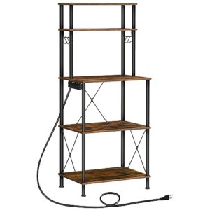 hoobro bakers rack with power outlets, coffee bar, microwave stand with s-hooks, kitchen storage rack for kitchen, entrance, living room, dining room, office, rustic brown and black bf80uhb01