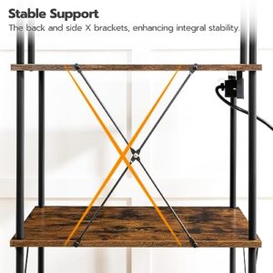 HOOBRO Bakers Rack with Power Outlets, Coffee Bar, Microwave Stand with S-Hooks, Kitchen Storage Rack for Kitchen, Entrance, Living Room, Dining Room, Office, Rustic Brown and Black BF80UHB01
