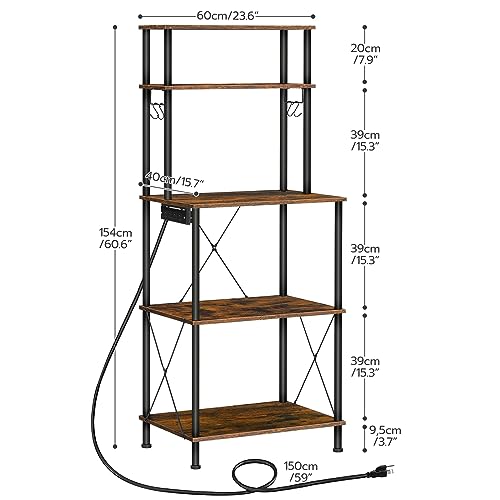 HOOBRO Bakers Rack with Power Outlets, Coffee Bar, Microwave Stand with S-Hooks, Kitchen Storage Rack for Kitchen, Entrance, Living Room, Dining Room, Office, Rustic Brown and Black BF80UHB01