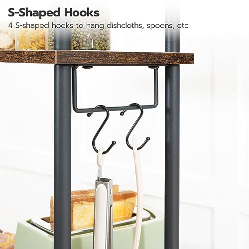 HOOBRO Bakers Rack with Power Outlets, Coffee Bar, Microwave Stand with S-Hooks, Kitchen Storage Rack for Kitchen, Entrance, Living Room, Dining Room, Office, Rustic Brown and Black BF80UHB01