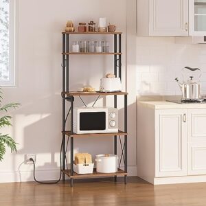 HOOBRO Bakers Rack with Power Outlets, Coffee Bar, Microwave Stand with S-Hooks, Kitchen Storage Rack for Kitchen, Entrance, Living Room, Dining Room, Office, Rustic Brown and Black BF80UHB01