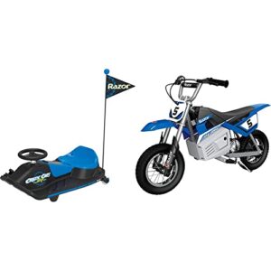 razor crazy cart shift 12v electric drifting go kart for kids - high/low speed switch and simplified drifting system & mx350 dirt rocket electric motocross off-road bike for age 13+