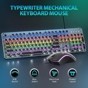 Typewriter Mechanical Gaming Keyboard Mouse Combo, Metal Panel Retro Keyboard with Round Keycap Blue Switch, RGB Backlit 104 Keys Anti-Ghost Wired Keyboard and Mouse with 3 DPI for PC Laptop Mac Gamer