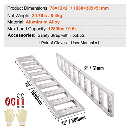 VEVOR Aluminum Ramps, 1250 lbs, Straight Ramp with Treads and Load Straps, Portable Loading Ramp for Motorcycles, ATVs, Trucks, Lawn Mowers, Dirt Bikes, Garden Tractors, 78" L x 12" W, 2Pcs