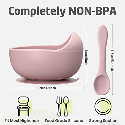 Amyhill Silicone Suction Bowl and Spoon Set BPA Free Baby Bowl Unbreakable Baby Feeding Utensils for Infants Toddlers Self Eating Weaning Food Supplies First Stage Feeding Set (Cute Color, 4 Set)