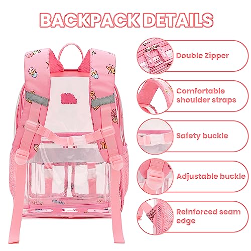 HTWO Clear Backpack for Girls Stadium Approved, PVC Backpacks Suitable for Elementary School, passed CPSC and With Pendant. (Pink)