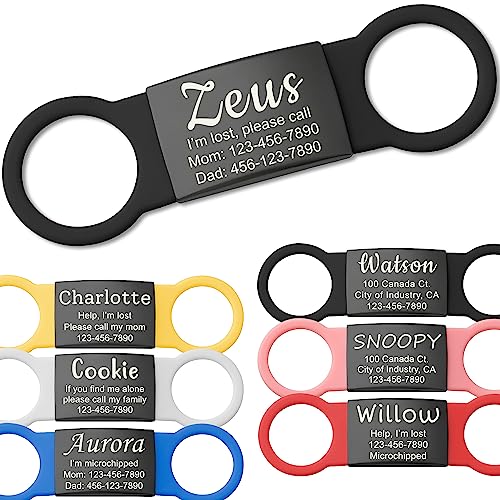 Anavia Slide On Silent Pet ID Tags, S/M/L/XL Personalized Black Stainless Steel Colored Silicone Cat Dog Name Tag, Customized Engraved Nameplate, Quiet Chew-Proof Pet Collar Tag (Black, Medium)