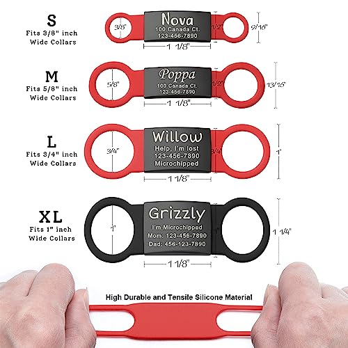 Anavia Slide On Silent Pet ID Tags, S/M/L/XL Personalized Black Stainless Steel Colored Silicone Cat Dog Name Tag, Customized Engraved Nameplate, Quiet Chew-Proof Pet Collar Tag (Black, Medium)