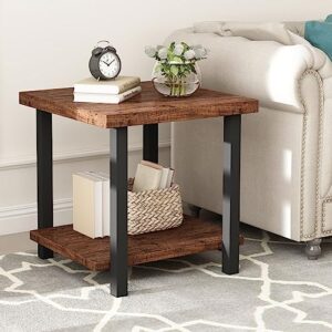 oiog 2-tier end table with storage shelf, rustic accent end table for living room, nightstand for bedroom, living room side table, vintage brown finish