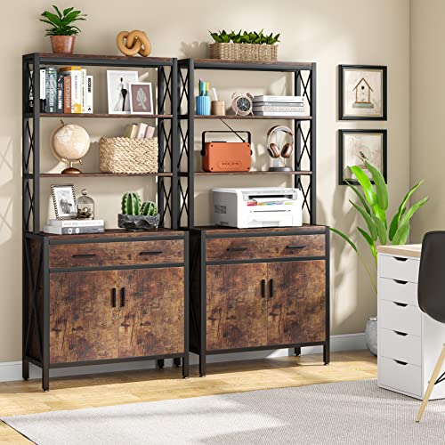LITTLE TREE 4-Tier Bookshelf Bookcase with Drawer, Tall Industrial Etagere Book Shelves Storage Cabinet for Living Room, Home Office, Rustic Brown