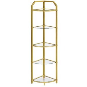 HOOBRO 5-Tier Corner Shelf Stand, Gold Corner Bookshelf, Tempered Glass Shelves, Corner Plant Stand, for Living Room, Bedroom, Study, Bathroom, Balcony, Modern Style, Gold GD14CJ01