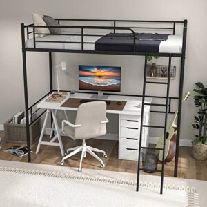 giantex metal loft bed twin size for juniors & adults, loft bed frame with ladder & safety guardrail, 61" under-bed space, space-saving twin bed for teens, no box spring needed (black)
