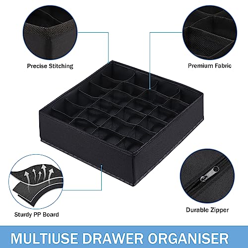 Boudar Foldable Storage Cubes Drawer Underwear Organizer Dividers， under Cabinet Organizer 24-Cell Fabric Storage Boxes for Lingerie,Socks,Ties （Black）