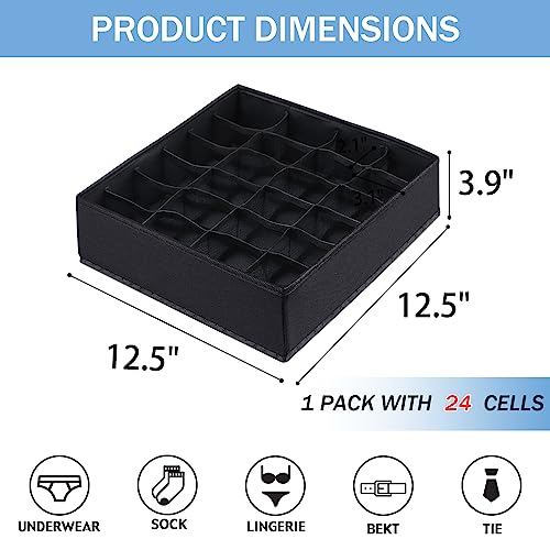 Boudar Foldable Storage Cubes Drawer Underwear Organizer Dividers， under Cabinet Organizer 24-Cell Fabric Storage Boxes for Lingerie,Socks,Ties （Black）