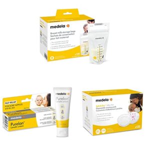 medela breast milk storage bags, 100 count, ready to use breastmilk bags & purelan lanolin nipple cream for breastfeeding & safe & dry ultra thin disposable nursing pads