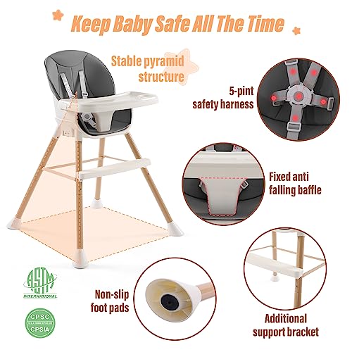KYPPFAR 6 in 1 Baby High Chair, Convertible High Chairs for Babies and Toddlers, Adjustable Infant Baby Feeding Chair with Dishwasher Safe Tray(Dark Grey)