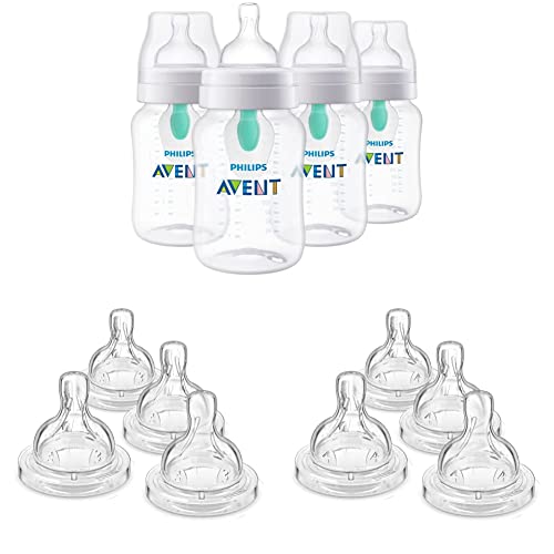 Philips Avent Anti-Colic Baby Bottles with AirFree Vent, 9oz, 4pk, Clear, SCY703/04 & Anti-Colic Baby Bottle Flow 3 Nipple, 4pk, SCY763/04 & Anti-Colic Baby Bottle Flow 4 Nipple, 4pk, SCY764/04