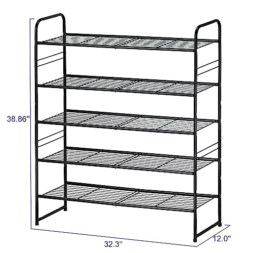 SUFAUY 5-Tier Shoe Rack, Stackable Shoe Shelf Storage Organizer for Entryway Closet, Extra Large Capacity, Wire Grid, Black