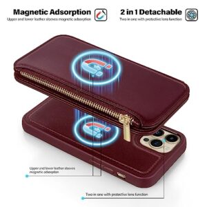 Antsturdy 2 in 1 Detachable for iPhone 13 Pro Wallet case with Magsafe,RFID Blocking Magnetic Wireless Charging PU Leather Phone case Flip Folio Cover Card Holder Wrist Strap Women Men,Wine Red