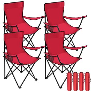 4 pack folding camping chairs with carrying bag portable lawn chairs lightweight beach chairs outdoor collapsible chair with mesh cup holder for travel outside camp beach fishing sports (red)