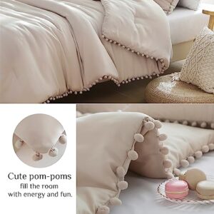 JOLLYVOGUE Queen Comforter Set 3 Pieces,Beige Bed in a Bag Boho Pom Pom Ball Bedding Sets for All Season, Lightweight and Soft Bedding Comforter Set with 1 Comforter and 2 Pillowshams