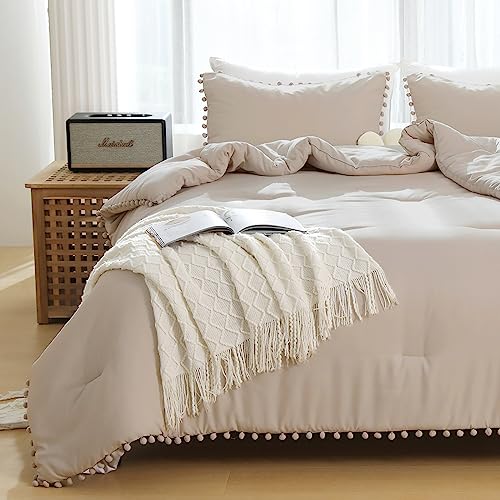 JOLLYVOGUE Queen Comforter Set 3 Pieces,Beige Bed in a Bag Boho Pom Pom Ball Bedding Sets for All Season, Lightweight and Soft Bedding Comforter Set with 1 Comforter and 2 Pillowshams