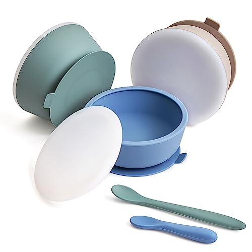 VITEVER 3 Pack Silicone Baby Bowls with Suction, Food Grade Silicone Toddler Bowls with Lids and Spoons, First Stage Set, BPA Free, Dishwasher, Microwave & Freezer Safe