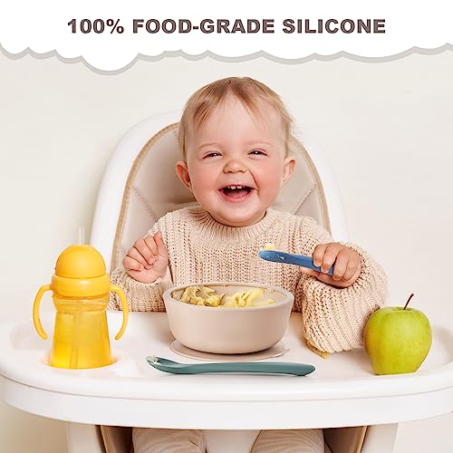 VITEVER 3 Pack Silicone Baby Bowls with Suction, Food Grade Silicone Toddler Bowls with Lids and Spoons, First Stage Set, BPA Free, Dishwasher, Microwave & Freezer Safe