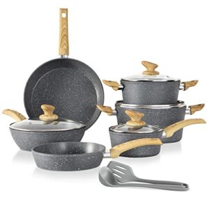 maison arts kitchen cookware sets nonstick, 12 piece pots and pans set granite cooking set for induction & dishwasher safe, oven, stovetop, gery