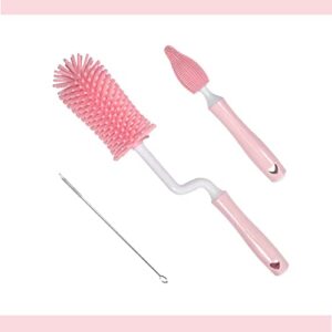 silicone bottle cleaning brush set, 360° rotating silicone bottle cleaning brush cleaner set for baby bottles, sports bottle, vase, glassware, and smaller diameter bottle openings (pink)