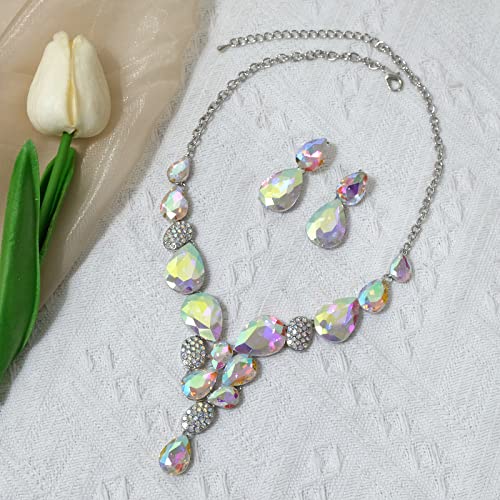 CSY Elegant Austrian Crystal Necklace Drop Earrings Bracelet Set Bridal Wedding Prom Costume Jewelry Sets for Brides Bridesmaid (iridescent AB crystal-silver tone)