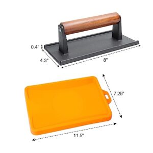 AJinTeby Square Cast Iron Smooth Grill Meat Press & Silicone Mat, Griddle Press Kit for Cooking, Barbecue, Blackstone Camp Chef Pitboss Weber Griddle Gril