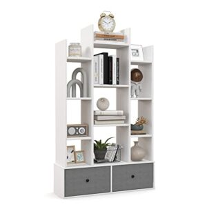tangkula bookshelf with 2 drawers, tree-shaped bookcase with 12 open storage shelves, freestanding industrial wood display cube shelf, home office books organizer, 31.5 x 9.5 x 52 inches