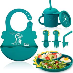 yaomiao 6 pcs silicone toddler feeding set baby led weaning supplies dinosaur shape divided silicone suction plate adjustable bib sippy cup with spoon and fork straw set, microwave dishwasher safe
