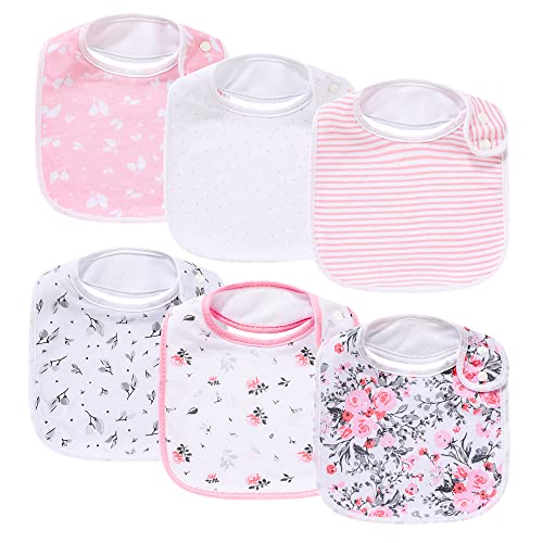 lazyrhino Baby Bibs - 6 Pack Waterproof Cotton Bibs with Snap, Soft and Thick Absorbent Drooling, Teething Bibs for Easy Use (pink-f)