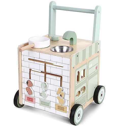 Asweets 8 in 1 Wooden Play Kitchen Baby Walker Push and Pull Learning Activity Walker for Boys and Girls with Bakery Kitchen,Shape Sorter and Movable Slider