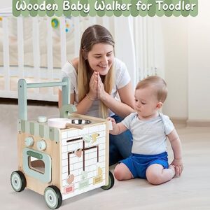 Asweets 8 in 1 Wooden Play Kitchen Baby Walker Push and Pull Learning Activity Walker for Boys and Girls with Bakery Kitchen,Shape Sorter and Movable Slider