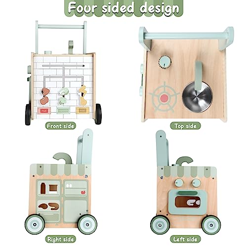 Asweets 8 in 1 Wooden Play Kitchen Baby Walker Push and Pull Learning Activity Walker for Boys and Girls with Bakery Kitchen,Shape Sorter and Movable Slider