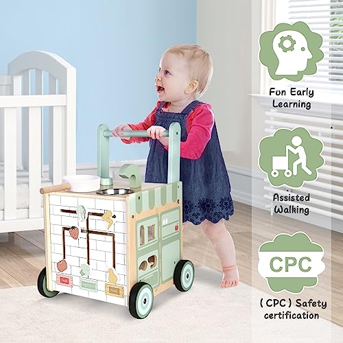 Asweets 8 in 1 Wooden Play Kitchen Baby Walker Push and Pull Learning Activity Walker for Boys and Girls with Bakery Kitchen,Shape Sorter and Movable Slider