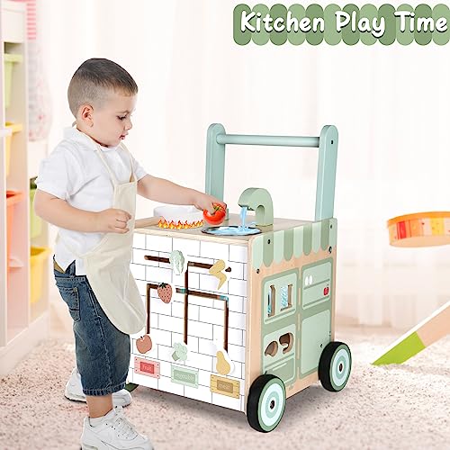 Asweets 8 in 1 Wooden Play Kitchen Baby Walker Push and Pull Learning Activity Walker for Boys and Girls with Bakery Kitchen,Shape Sorter and Movable Slider