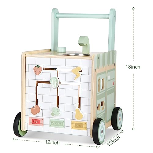 Asweets 8 in 1 Wooden Play Kitchen Baby Walker Push and Pull Learning Activity Walker for Boys and Girls with Bakery Kitchen,Shape Sorter and Movable Slider