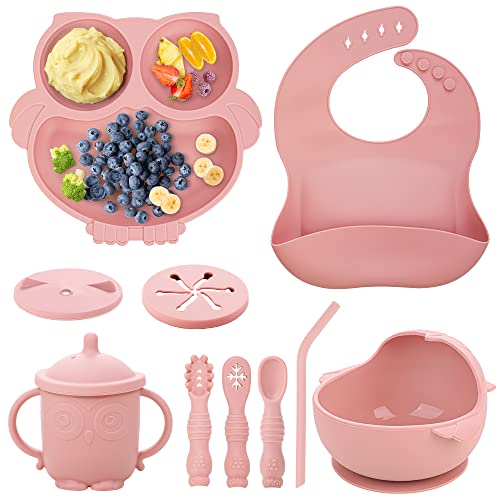 Baby Weaning Set, Silicone Baby Feeding Set(10 Pcs), Toddler Weaning Set with Adjustable Bib, Suction Bowl, Plate, Fork, Spoon, Water & Snack Cup Kit for Babies, Toddler and Kids(Pink)