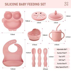 Baby Weaning Set, Silicone Baby Feeding Set(10 Pcs), Toddler Weaning Set with Adjustable Bib, Suction Bowl, Plate, Fork, Spoon, Water & Snack Cup Kit for Babies, Toddler and Kids(Pink)