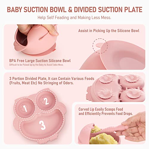 Baby Weaning Set, Silicone Baby Feeding Set(10 Pcs), Toddler Weaning Set with Adjustable Bib, Suction Bowl, Plate, Fork, Spoon, Water & Snack Cup Kit for Babies, Toddler and Kids(Pink)