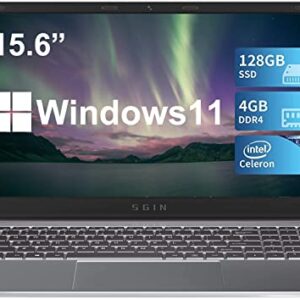 SGIN 15.6 Inch Laptop, 4GB DDR4 128GB SSD Windows 11 Laptops with Intel Celeron Quad Core J4105(up to 2.5 GHz), Intel UHD Graphics 600, Mini HDMI, WiFi, Webcam, USB3.0, Bluetooth 4.2